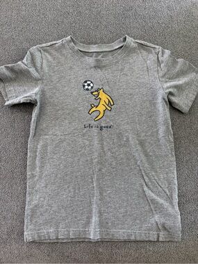 Life Is Good Grey Tee with Yellow Soccer Dog